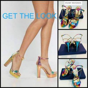 STUART WEITZMAN | Ankle strap neon metallic patent leather platform high heel